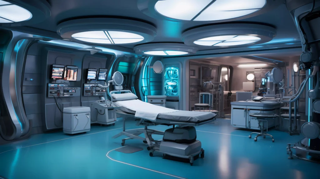 Modern medical room featuring advanced monitors and robotic tools