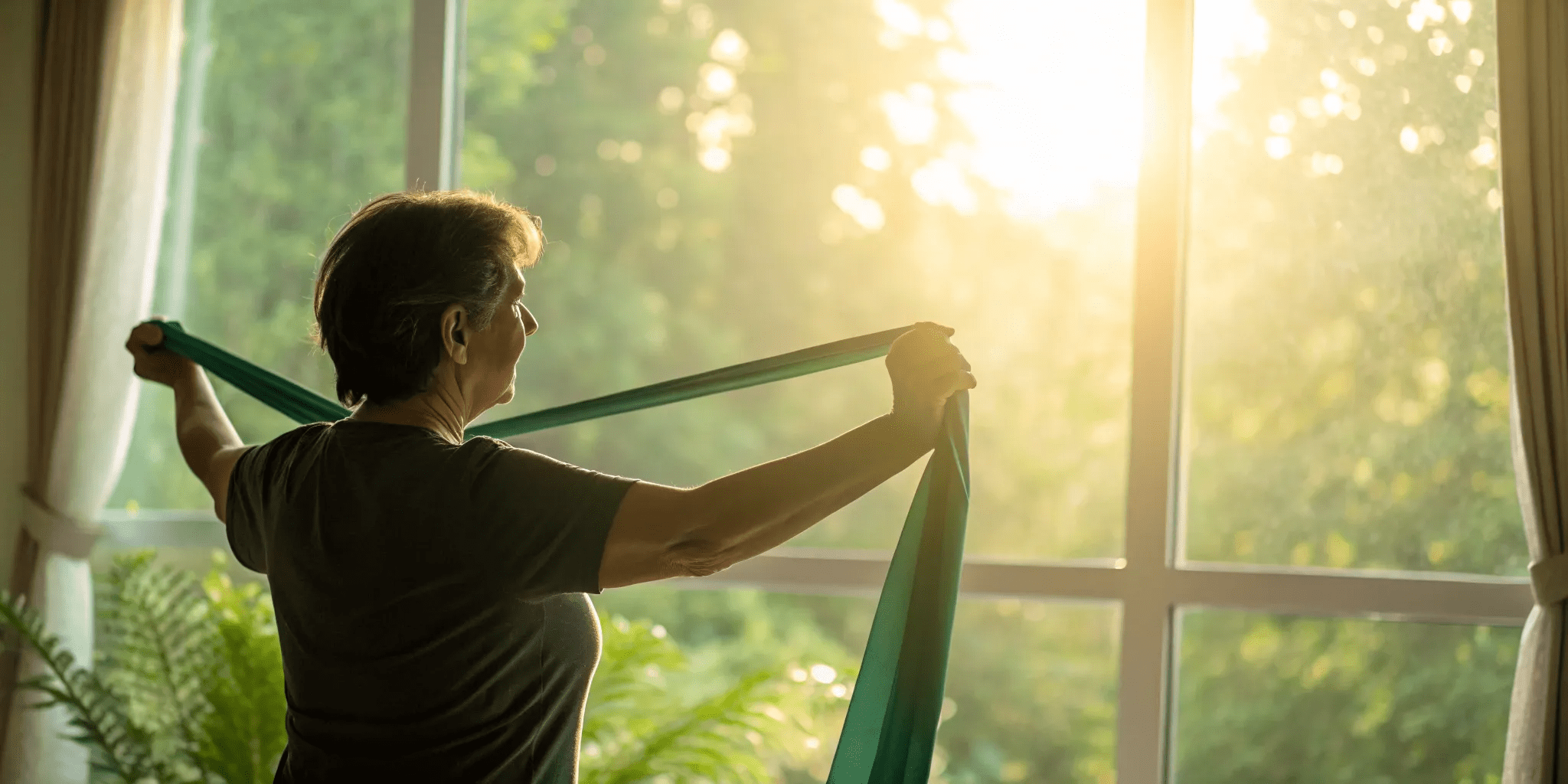 Person doing a shoulder exercise with a resistance band 3 months after shoulder surgery.
