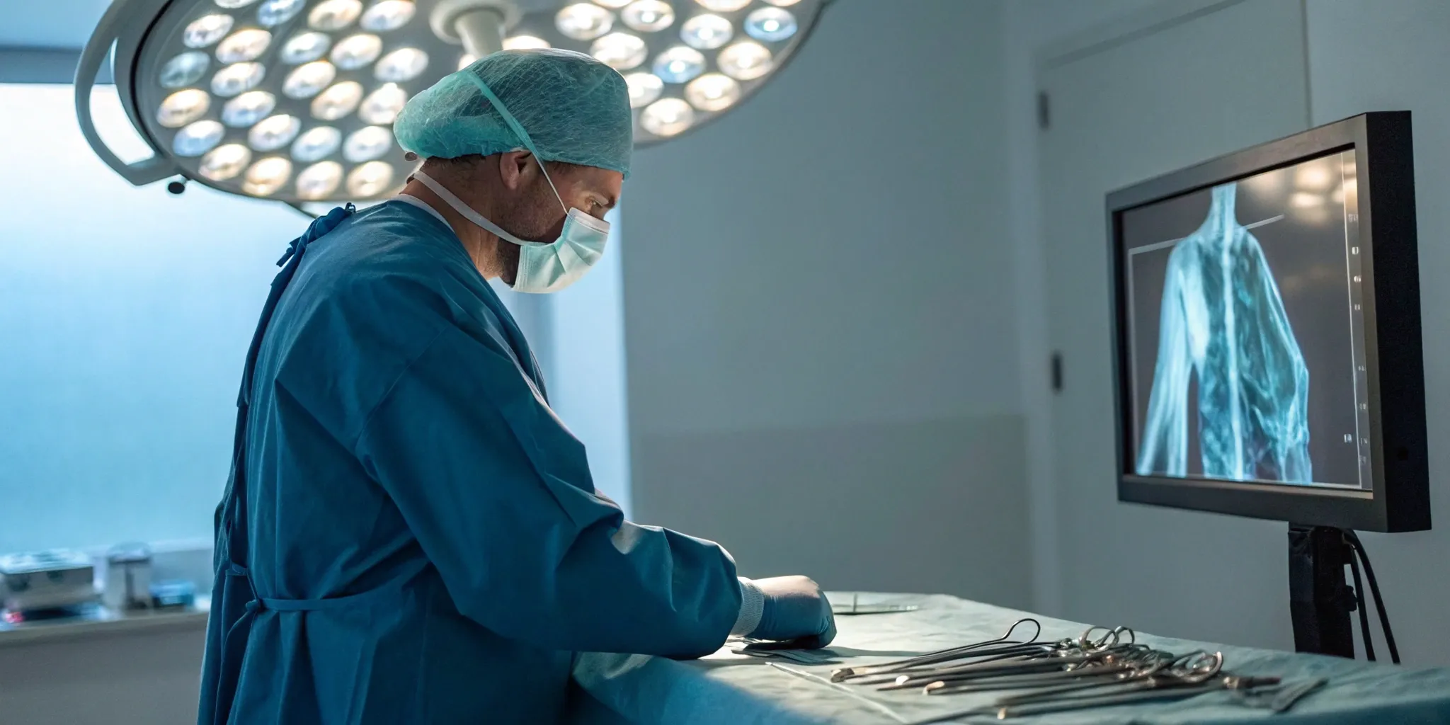 Surgeon performing rotator cuff repair surgery while viewing the shoulder anatomy on a monitor.