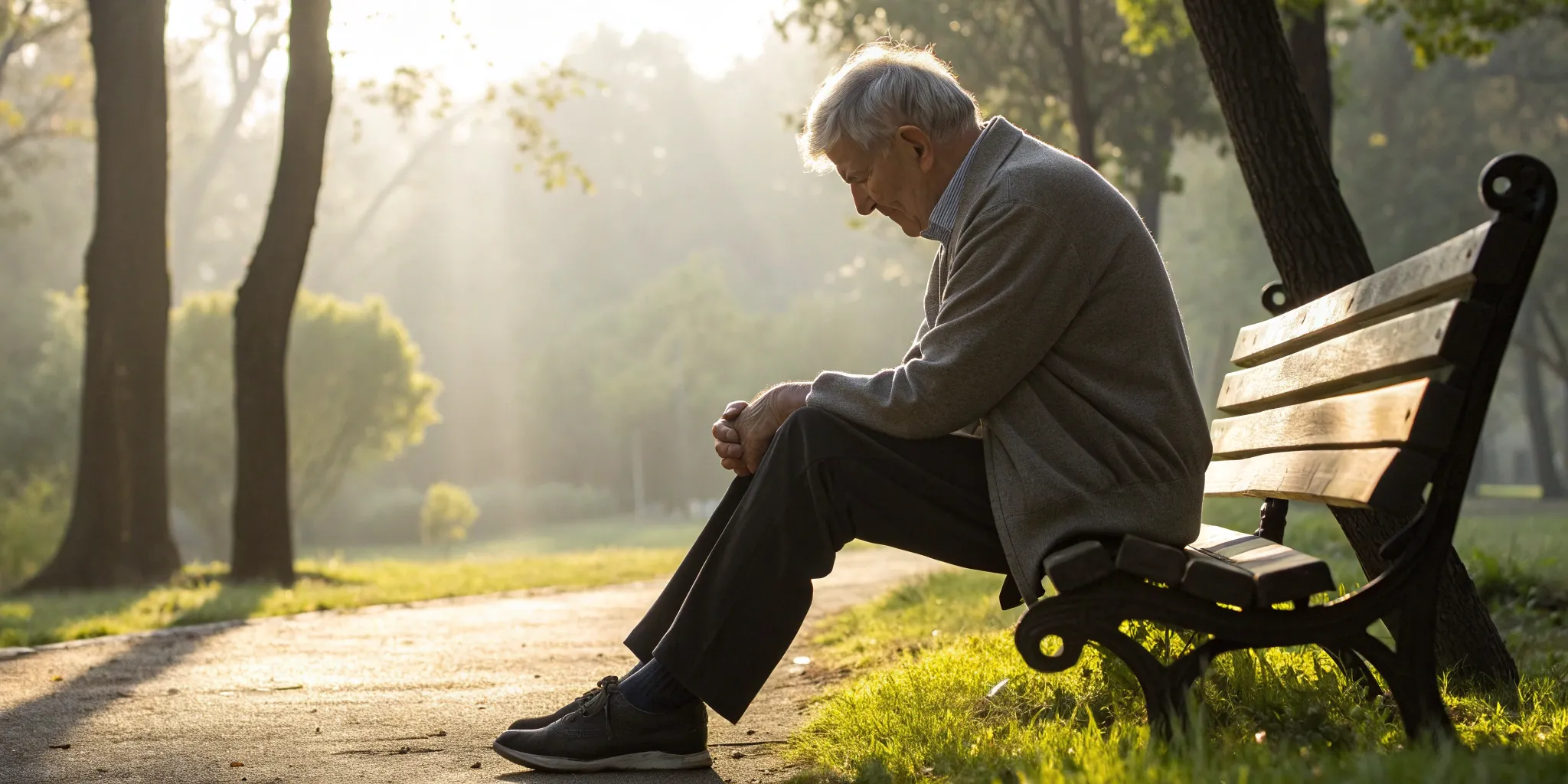 Man over 65 on a bench holding his knee, considering if he should have meniscus surgery.
