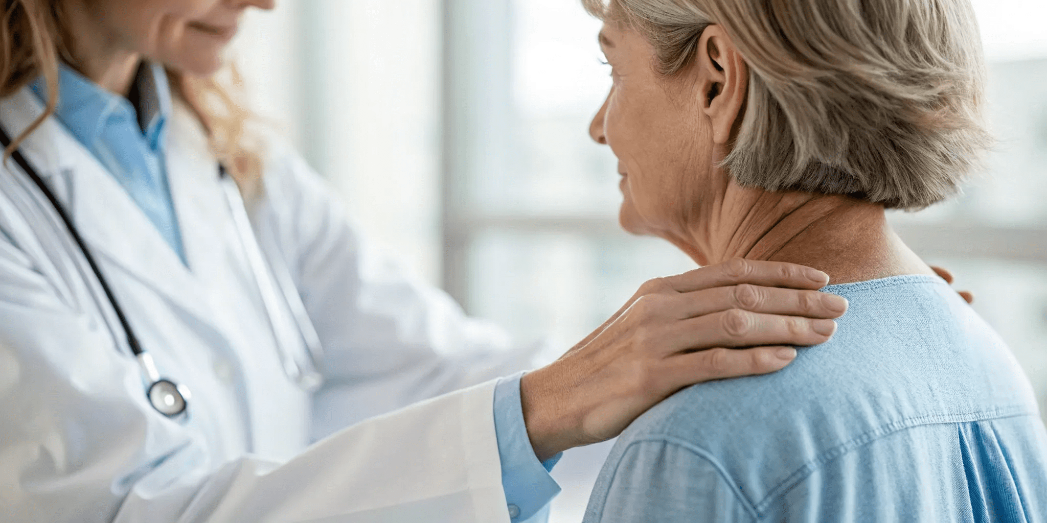 Doctor examining a woman's right shoulder for biceps tenosynovitis and its ICD-10 code.