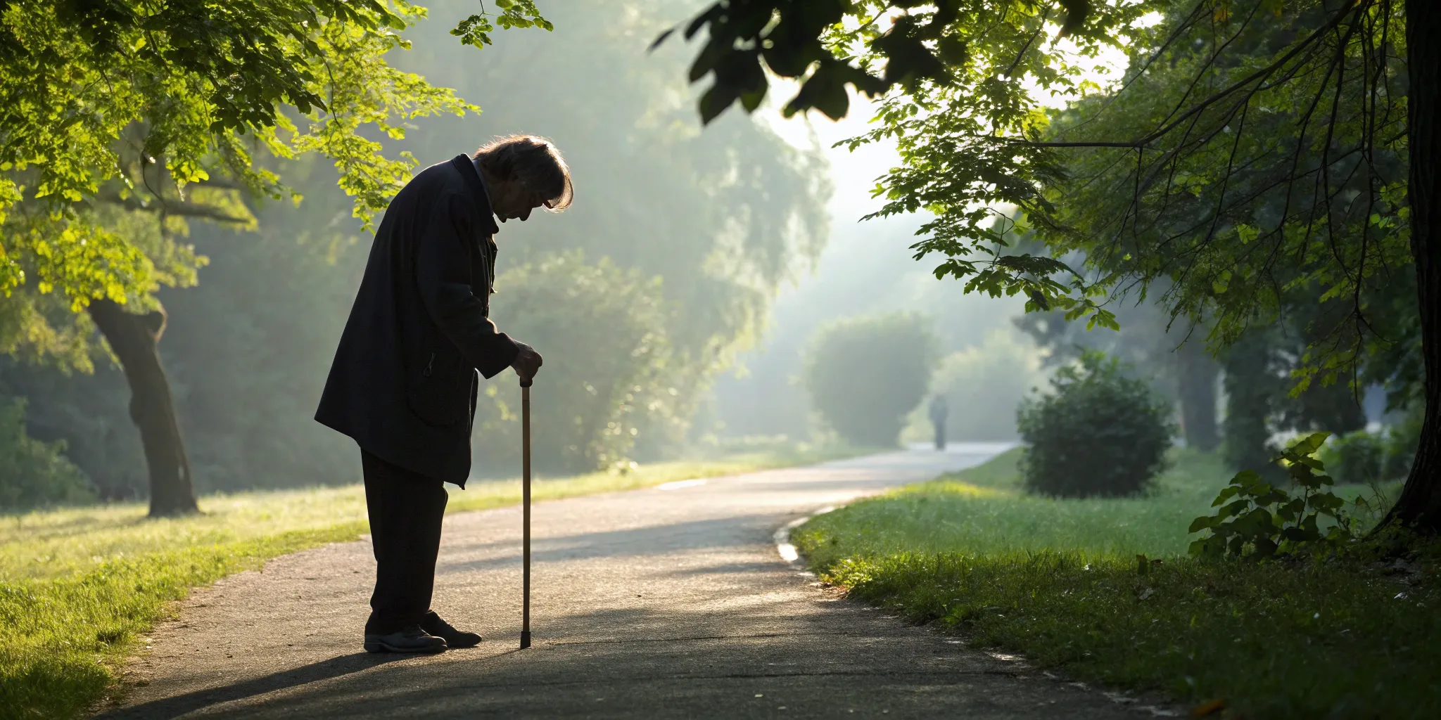 An older person with a cane walks with difficulty, a consequence of delaying a needed hip replacement.