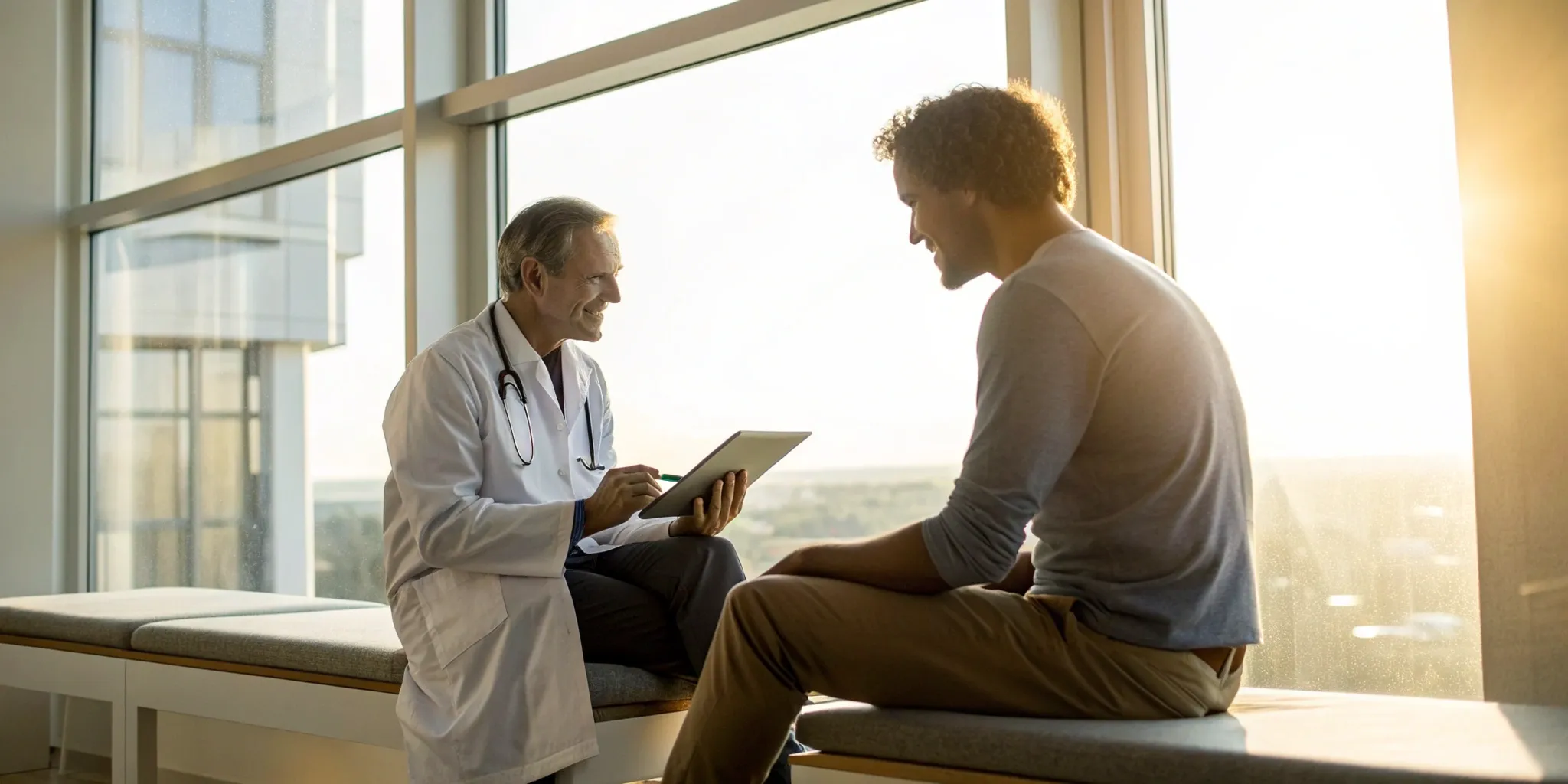 Doctor explaining to a patient who is a candidate for MACI knee cartilage treatment.