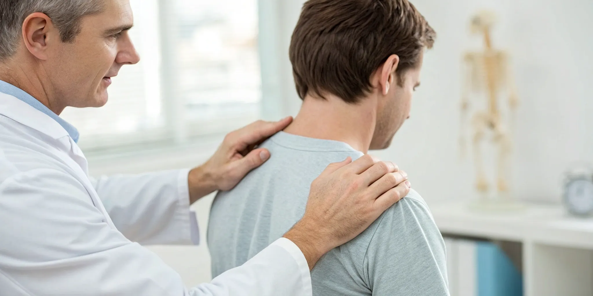 Doctor assessing a patient's shoulder pain after a shoulder replacement.