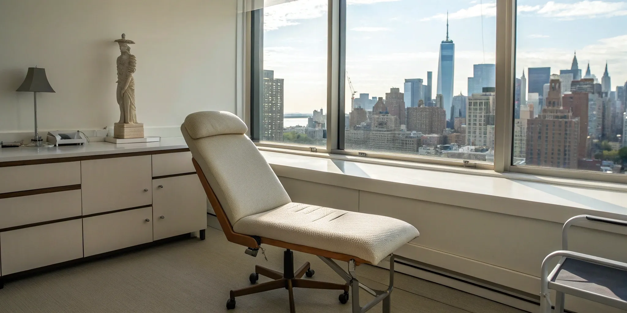 A modern medical exam room for a consultation to find a qualified SCR surgeon.