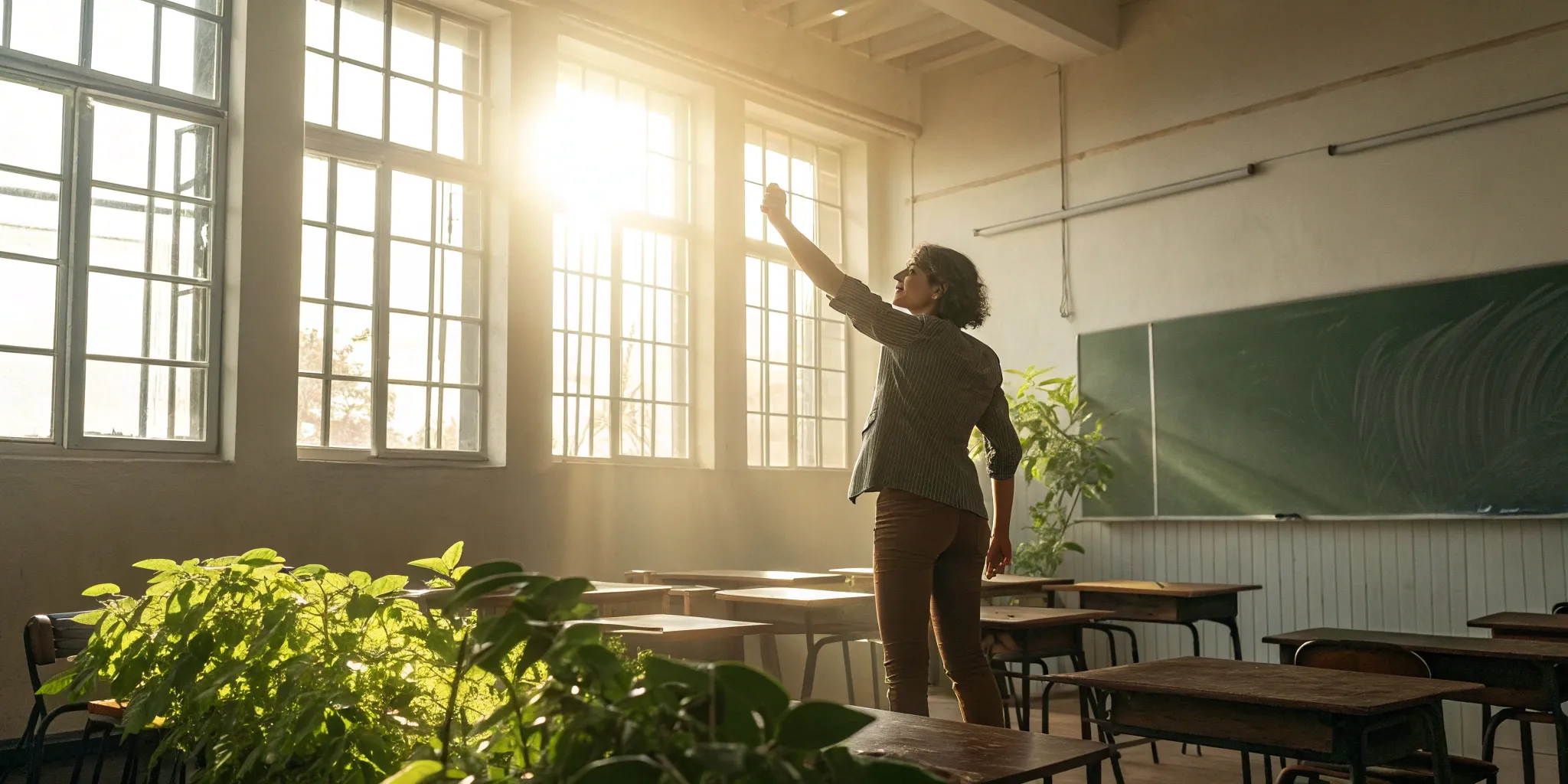 A teacher in a classroom prepares to return to work after rotator cuff surgery.