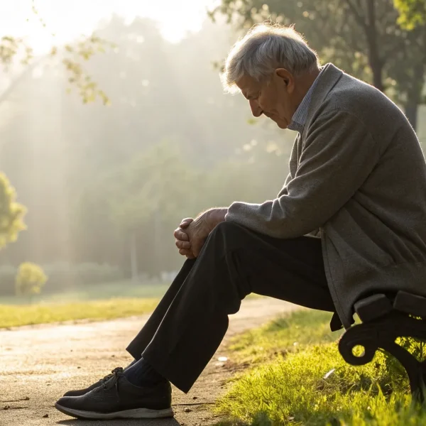 Man over 65 on a bench holding his knee, considering if he should have meniscus surgery.