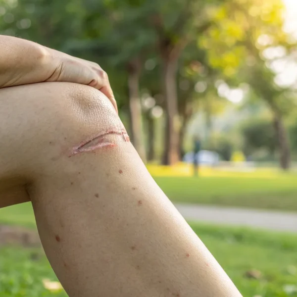 Long-term knee pain with a visible scar 20 years after meniscus surgery.